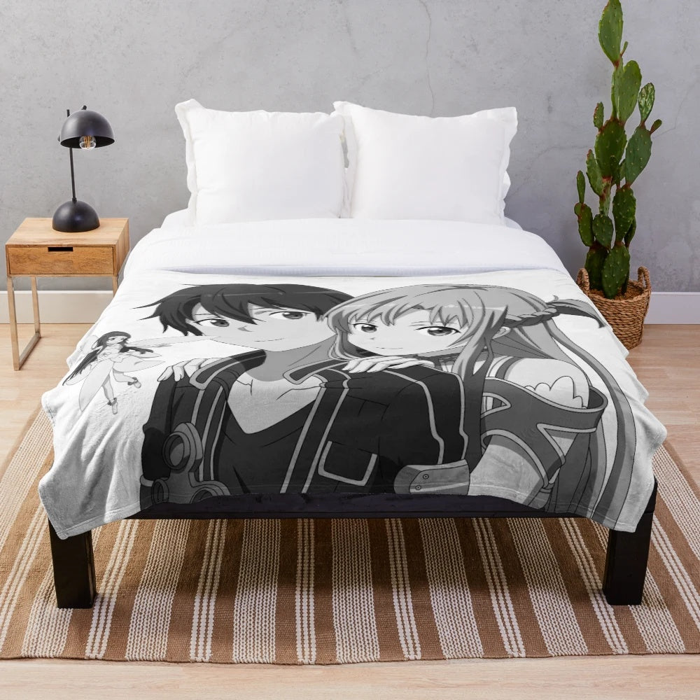 Grayscale plush blanket featuring anime characters Kirito, Asuna, and Yui from the popular series Sword Art Online