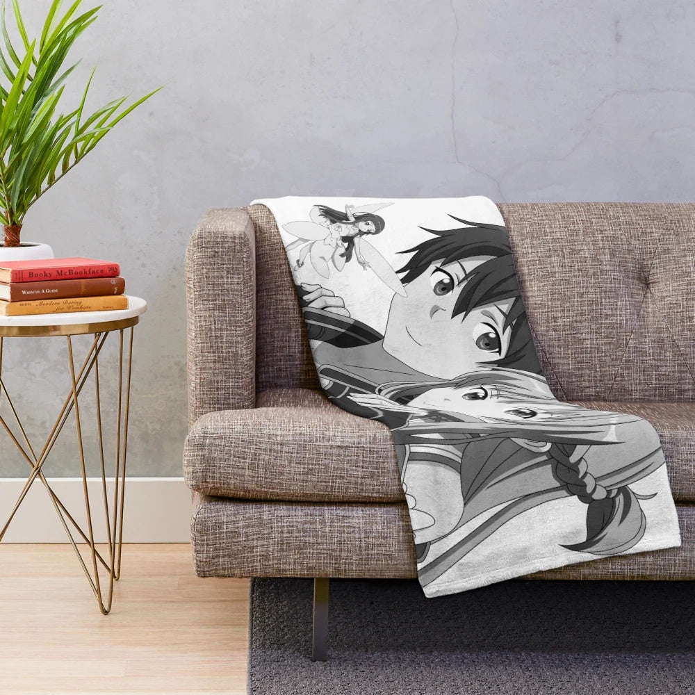 Grayscale plush blanket featuring anime characters Kirito, Asuna, and Yui from the popular series Sword Art Online
