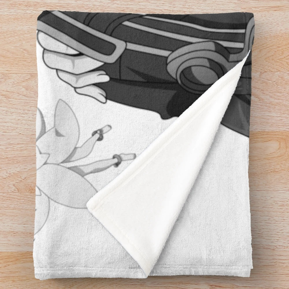 Grayscale plush blanket featuring anime characters Kirito, Asuna, and Yui from the popular series Sword Art Online
