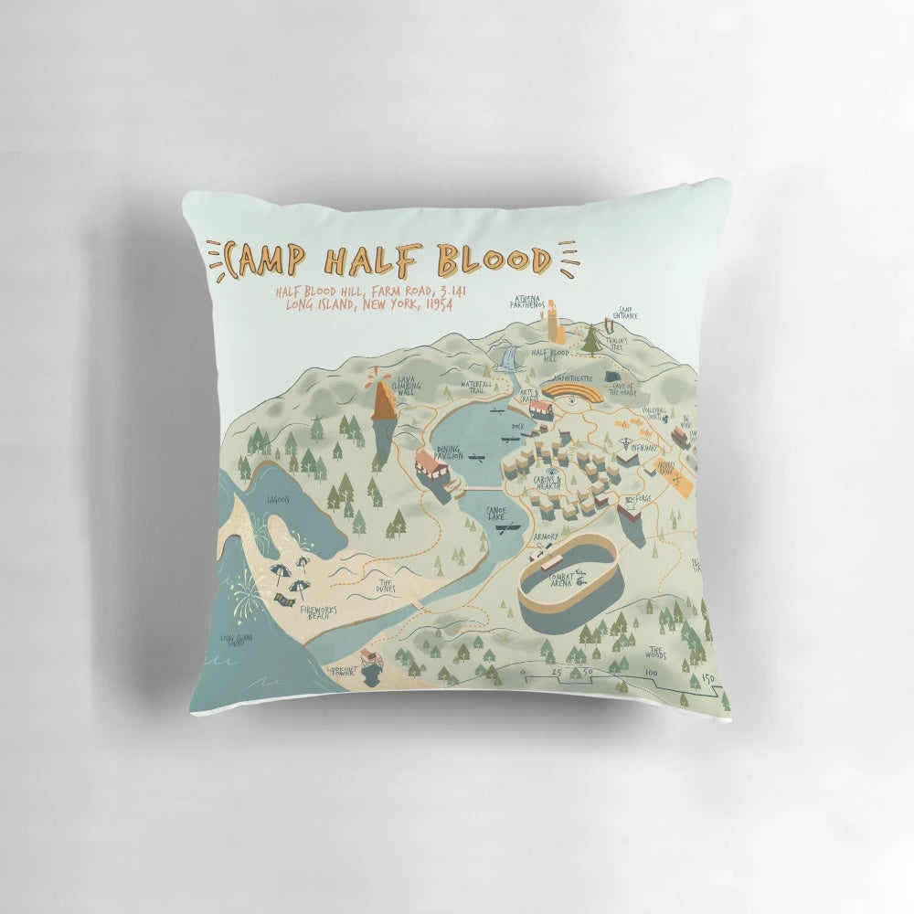 Graphic illustration pillow featuring a map of Camp Half-Blood from the Percy Jackson and Heroes of Olympus book series.