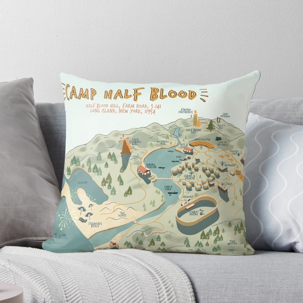 Graphic illustration pillow featuring a map of Camp Half-Blood from the Percy Jackson and Heroes of Olympus book series.