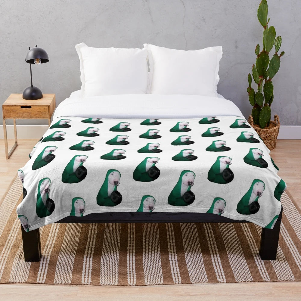 Green Walter dog hitting pan meme design on a plush blanket