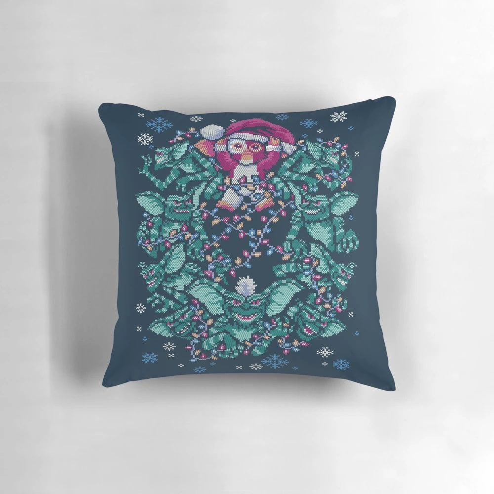 Gremlins-themed Christmas pillow with retro ugly sweater design