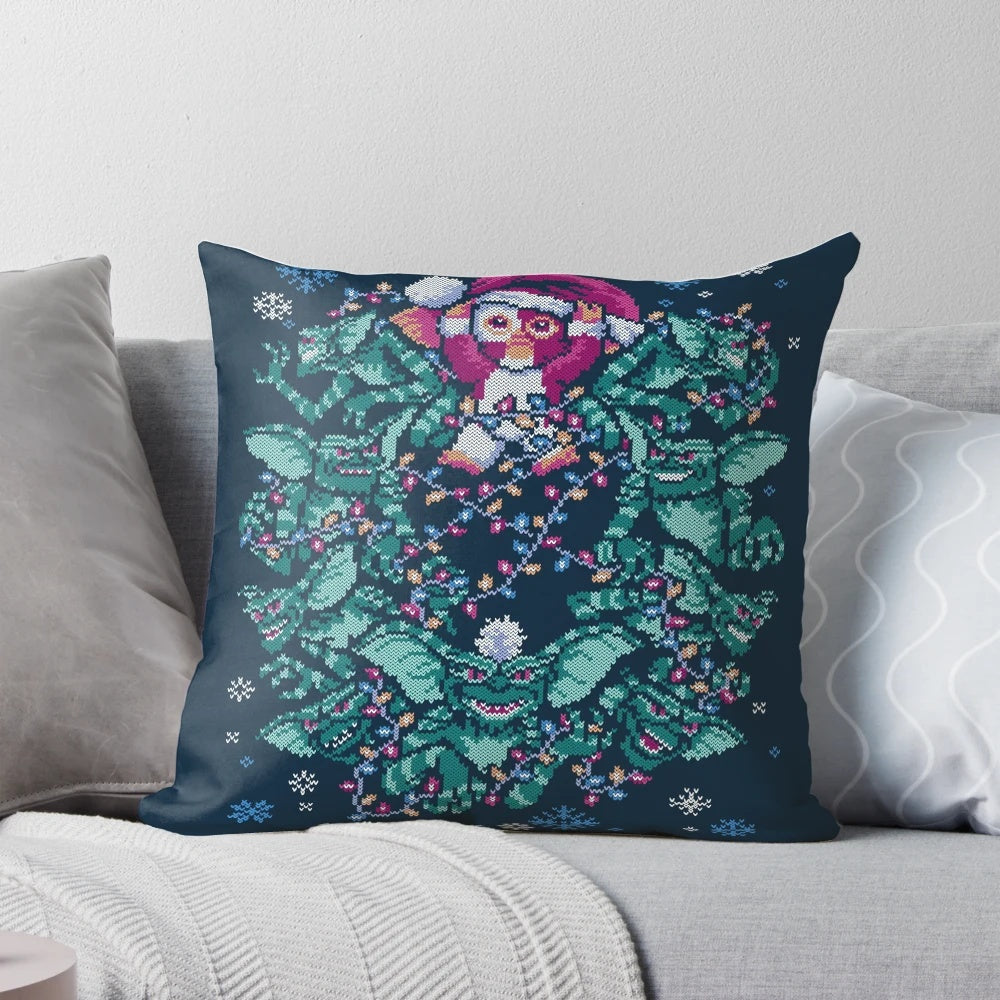 Gremlins-themed Christmas pillow with retro ugly sweater design