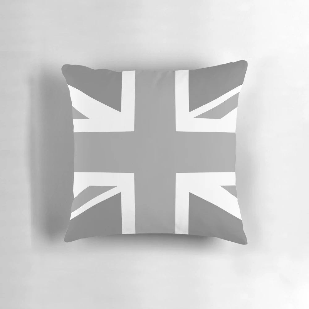 Grey and white Union Jack flag printed on a decorative throw pillow
