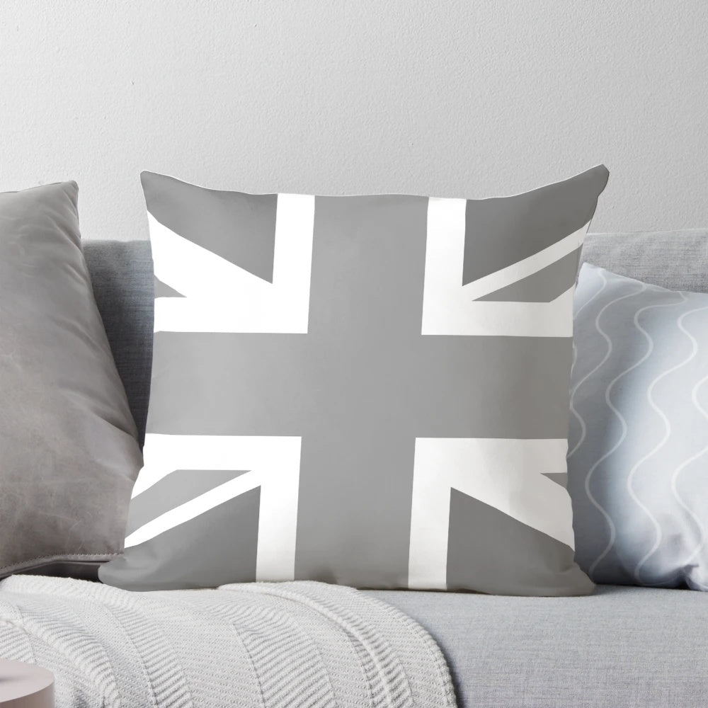 Grey and white Union Jack flag printed on a decorative throw pillow