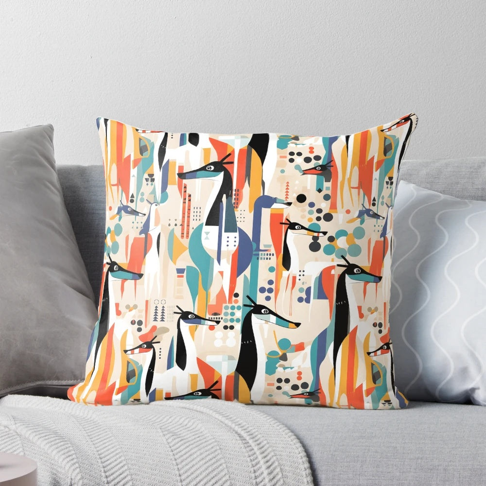Greyhound dog in geometric camouflage pattern printed on a soft, plush pillow
