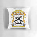 A striking black and white cartoon greyhound dog silhouette design in a heraldic style, featured on a decorative throw pillow.