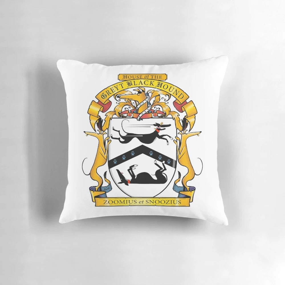 A striking black and white cartoon greyhound dog silhouette design in a heraldic style, featured on a decorative throw pillow.