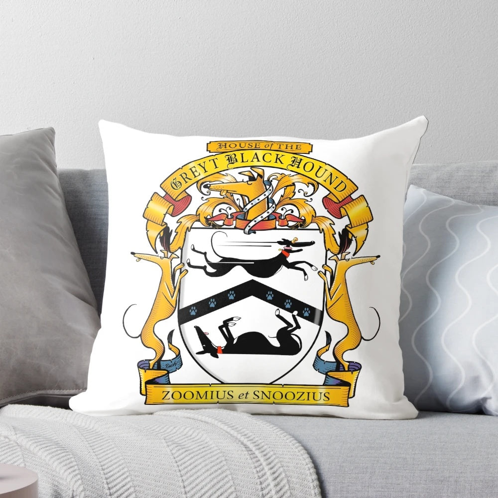 A striking black and white cartoon greyhound dog silhouette design in a heraldic style, featured on a decorative throw pillow.