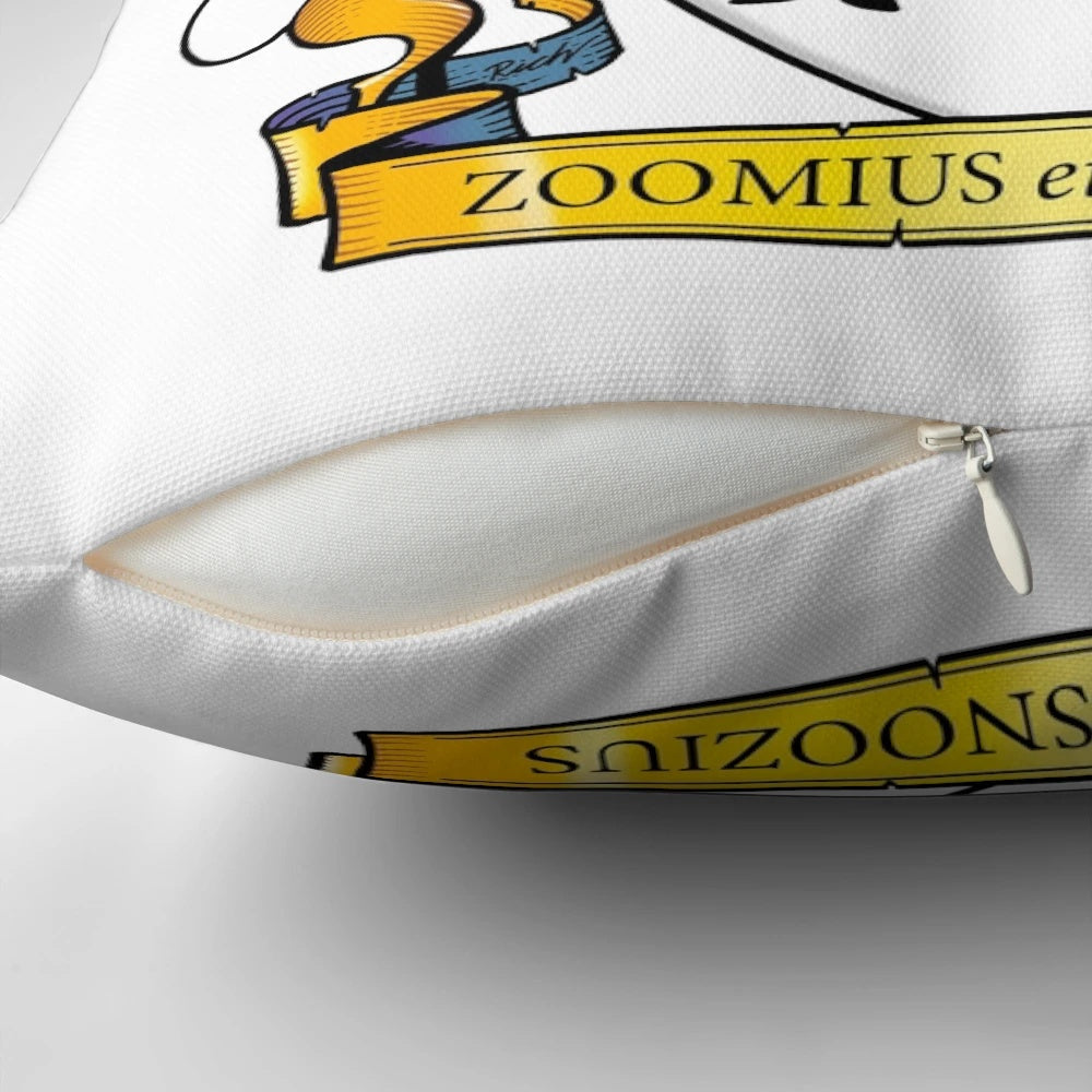 A striking black and white cartoon greyhound dog silhouette design in a heraldic style, featured on a decorative throw pillow.