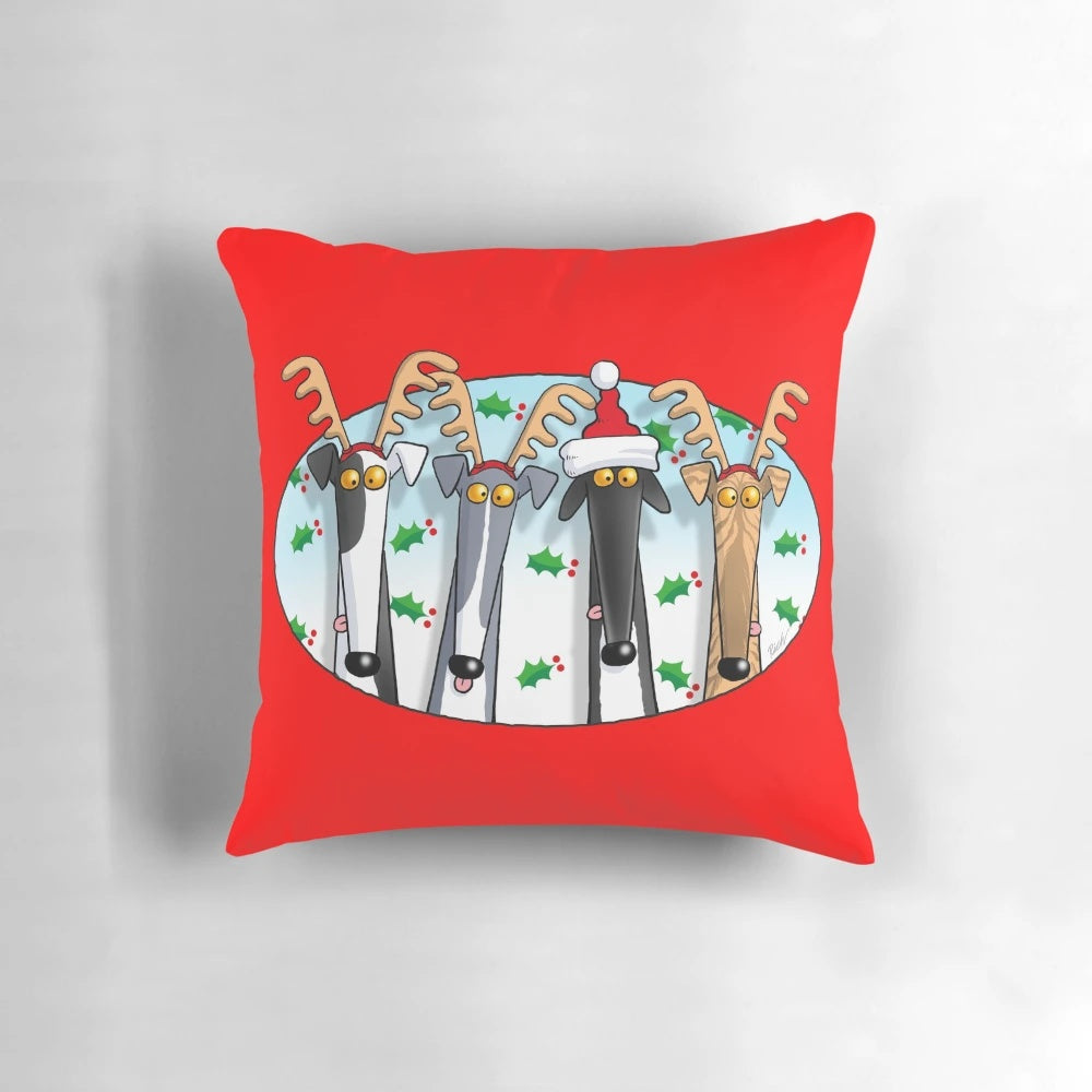 Decorative throw pillow featuring a playful greyhound or whippet dog design