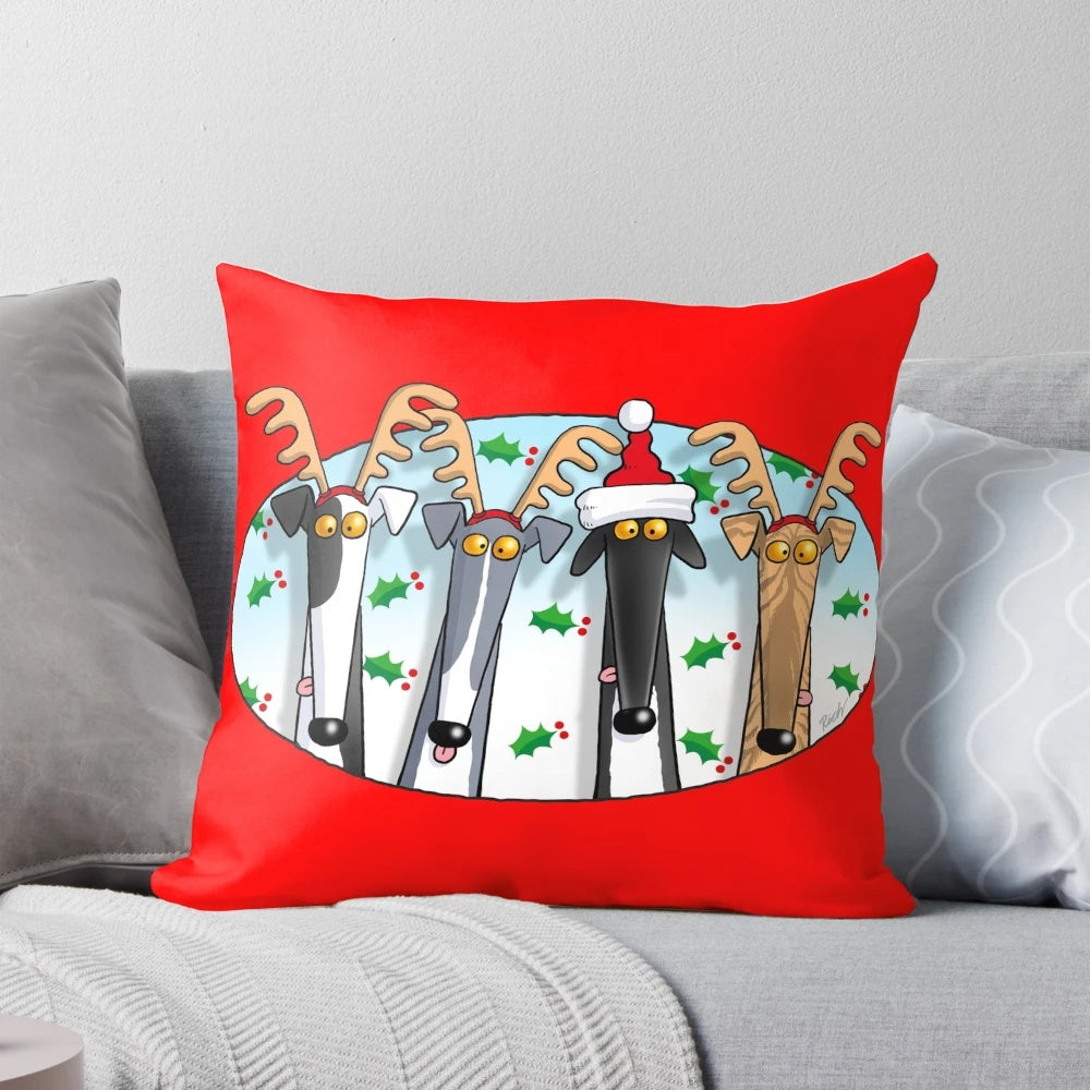 Decorative throw pillow featuring a playful greyhound or whippet dog design