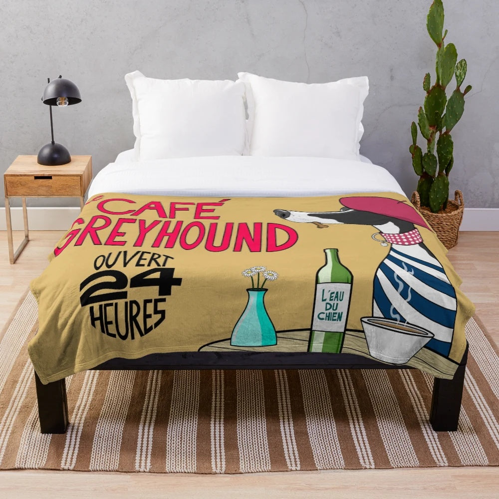 Soft, cozy plush blanket featuring an artistic greyhound design
