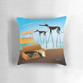 A decorative pillow featuring a surreal greyhound-inspired design in the style of artist Salvador Dali.