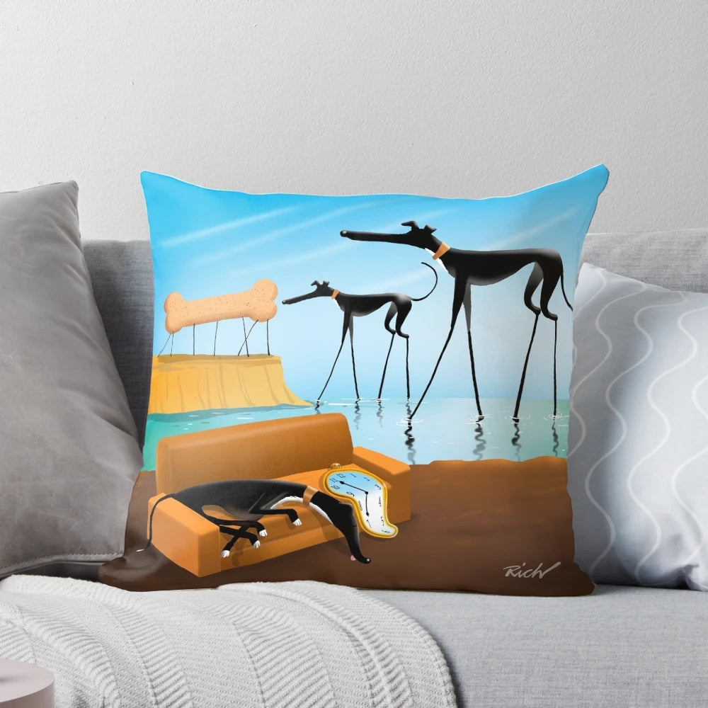 A decorative pillow featuring a surreal greyhound-inspired design in the style of artist Salvador Dali.