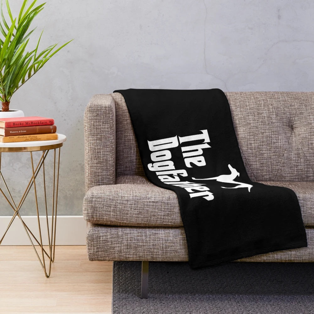 Greyhound plush blanket with a humorous movie quote from The Dogfather
