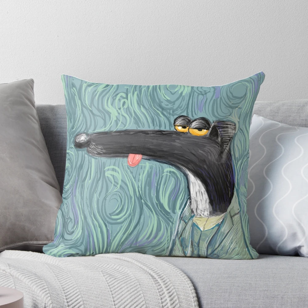 Greyhound Van Gogh inspired throw pillow with cartoon dog design