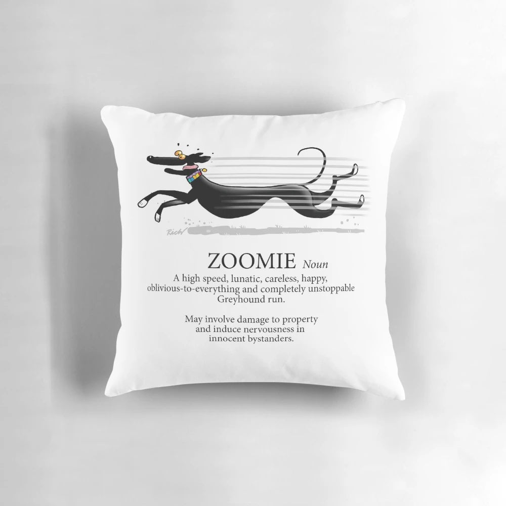 Greyhound Zoomie Pillow featuring a cartoon greyhound design by artist Rich Skipworth