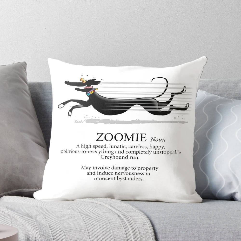 Greyhound Zoomie Pillow featuring a cartoon greyhound design by artist Rich Skipworth