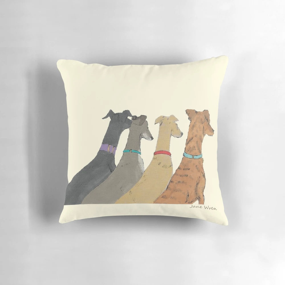 Four greyhounds or lurchers looking out of a window, a whimsical dog art design by Jane Wren.