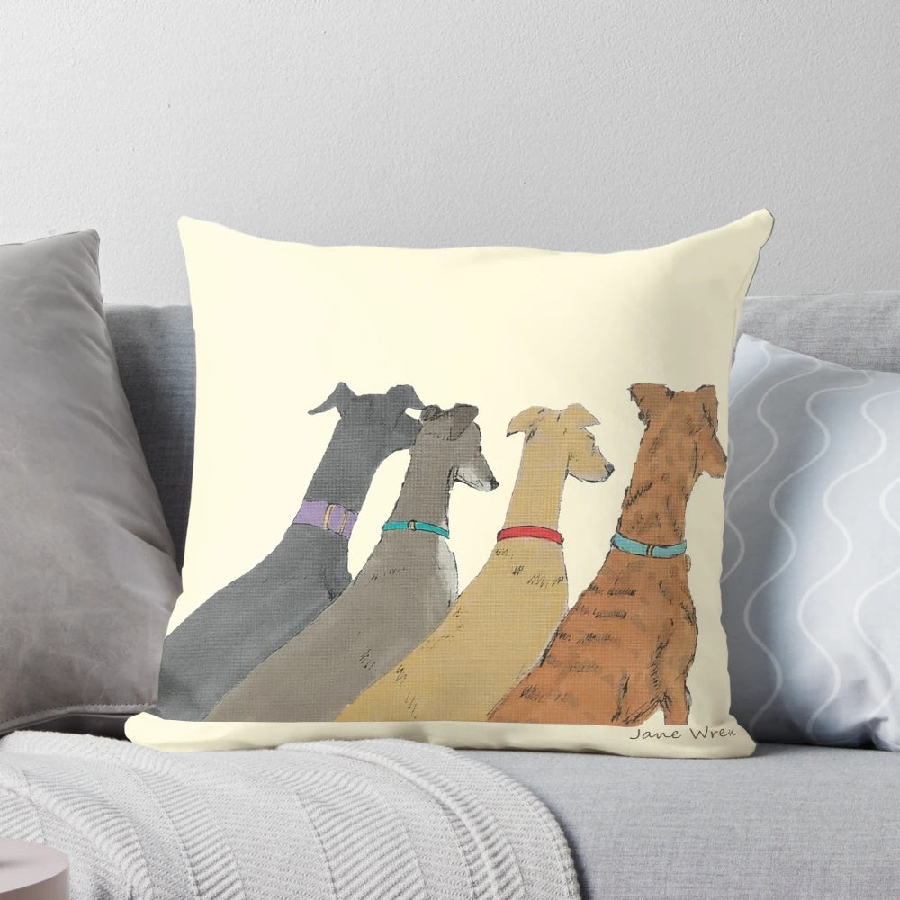 Four greyhounds or lurchers looking out of a window, a whimsical dog art design by Jane Wren.