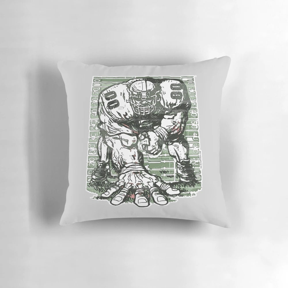 Gridiron football 3 point stance pillow featuring a football lineman in a tackle position