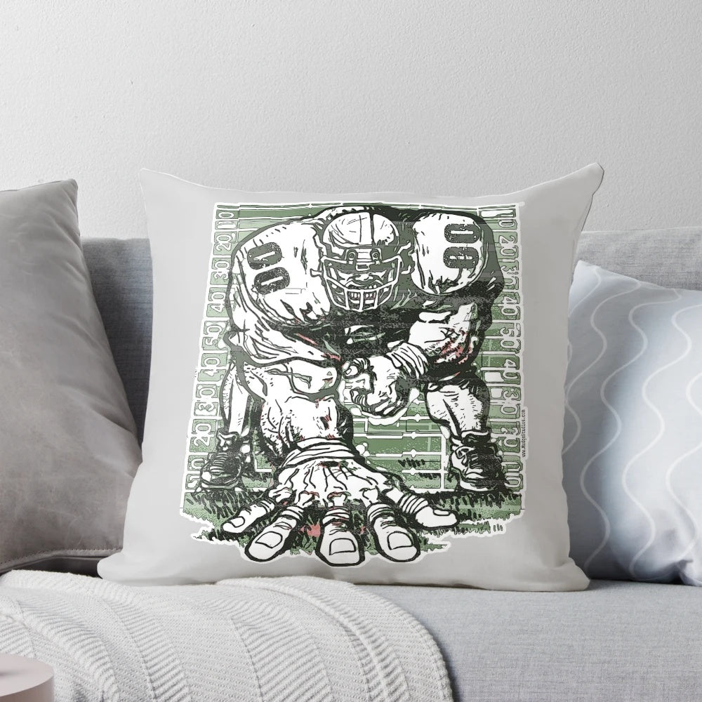 Gridiron football 3 point stance pillow featuring a football lineman in a tackle position