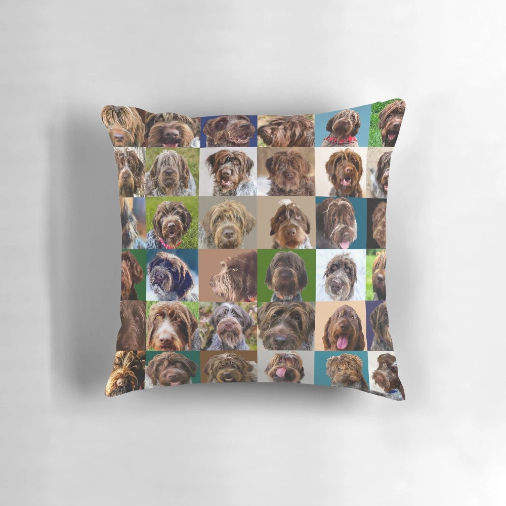 A special edition Griff puzzle-inspired dog portrait pillow.