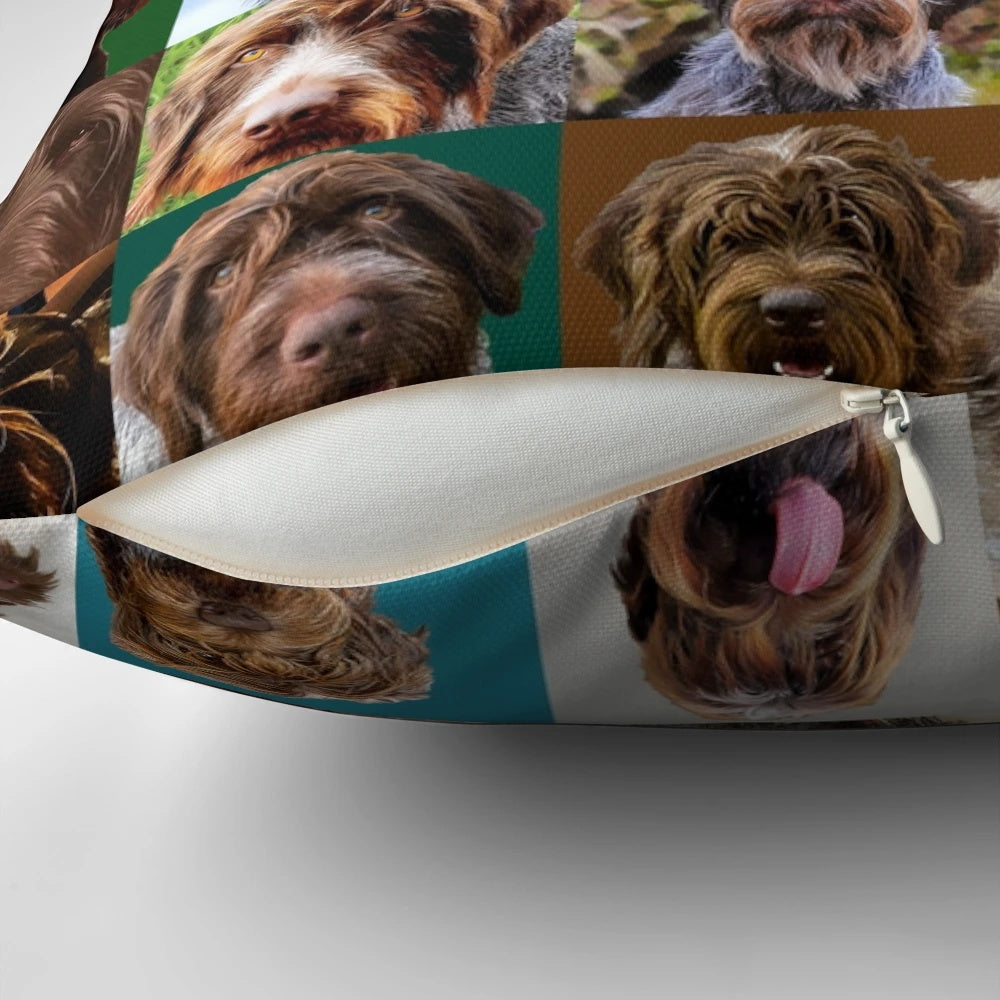 A special edition Griff puzzle-inspired dog portrait pillow.