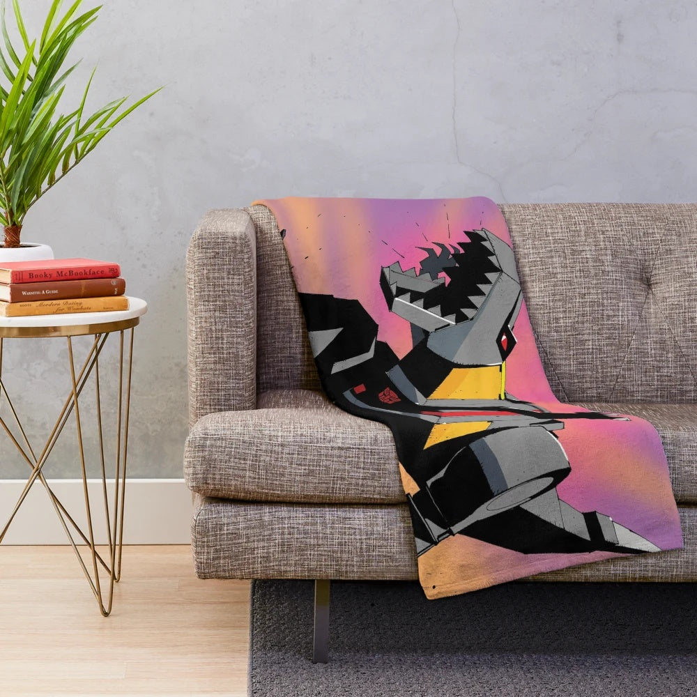 Grimlock-inspired plush blanket featuring a dynamic Tyrannosaurus Rex design