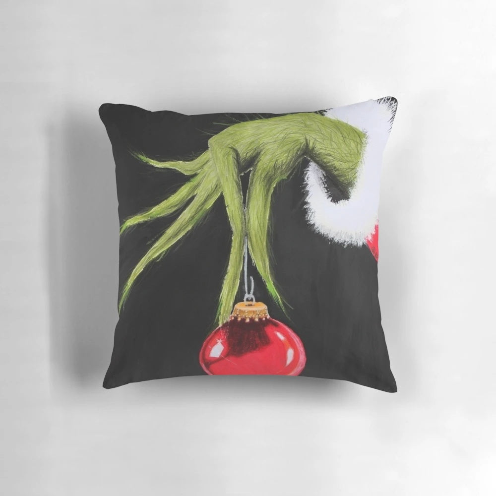 Grinch-themed Christmas pillow with the text "Who stole Christmas?"