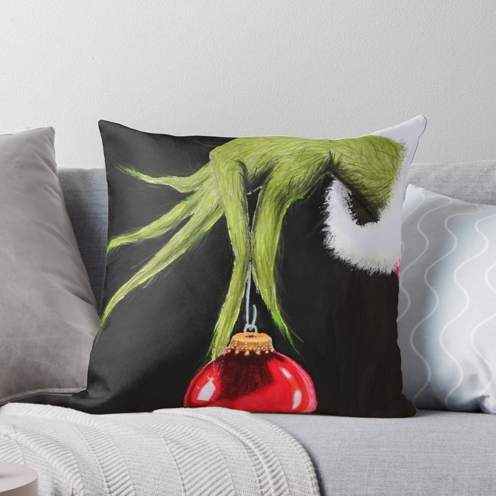 Grinch-themed Christmas pillow with the text "Who stole Christmas?"