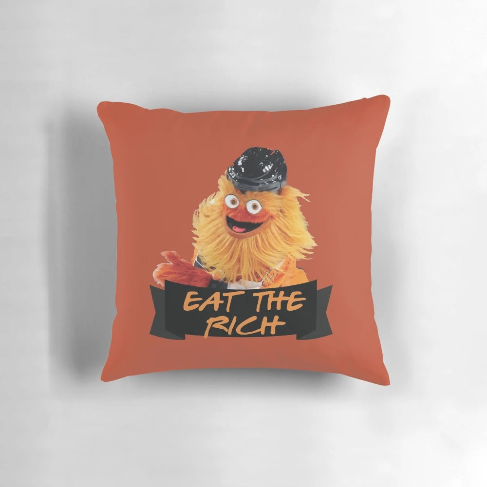 Gritty's Eat the Rich Sticker Pillow - Funny NHL Hockey Mascot Gift