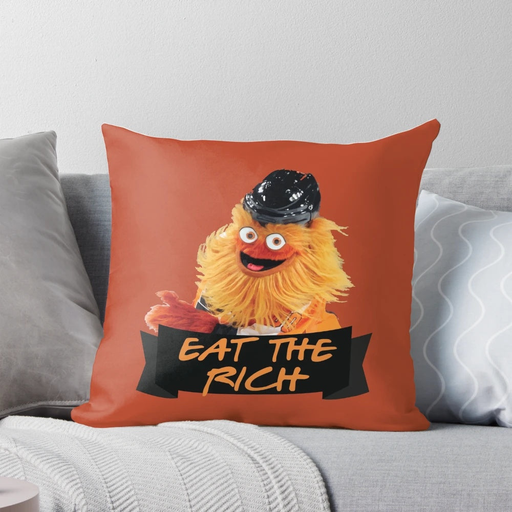 Gritty's Eat the Rich Sticker Pillow - Funny NHL Hockey Mascot Gift
