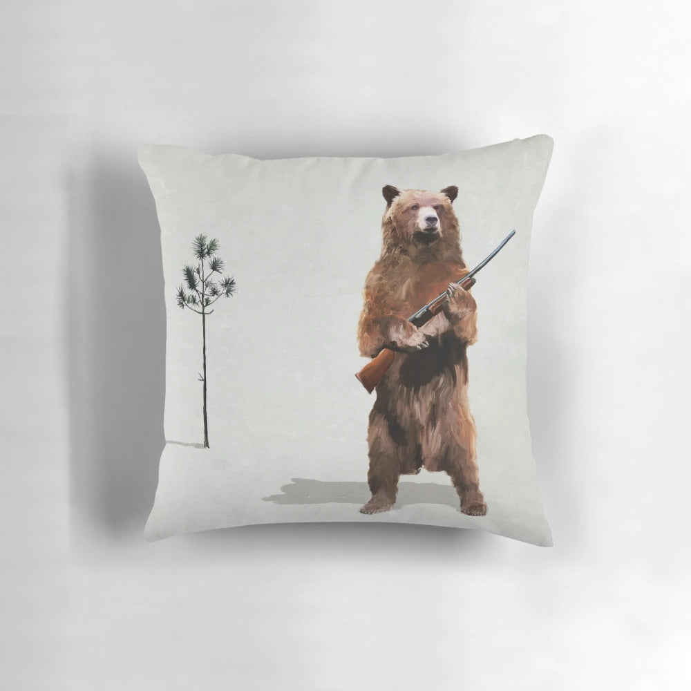 A photo of a fierce grizzly bear standing upright and holding a shotgun, surrounded by a forest