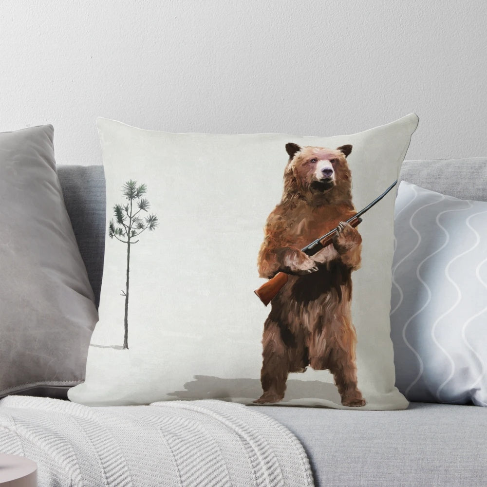A photo of a fierce grizzly bear standing upright and holding a shotgun, surrounded by a forest