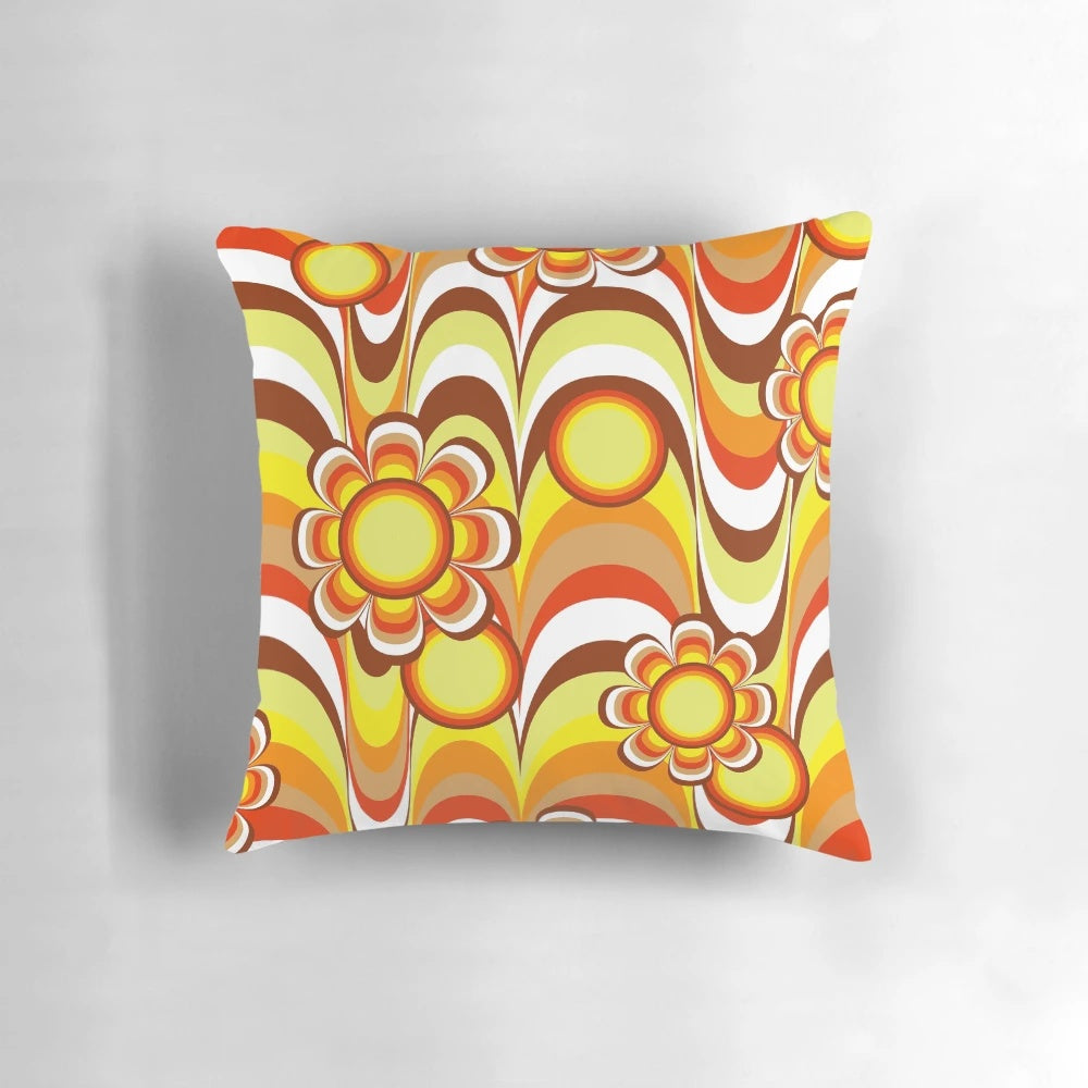 Vibrant psychedelic flower design pillow in a 1960s groovy style
