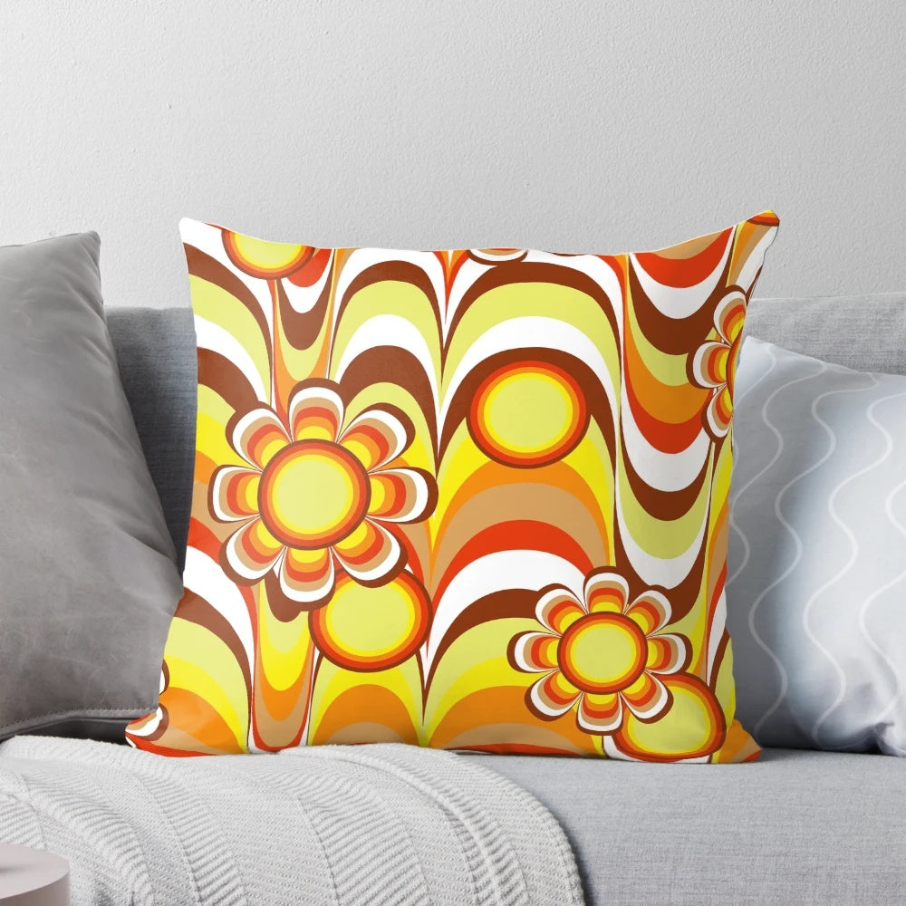 Vibrant psychedelic flower design pillow in a 1960s groovy style
