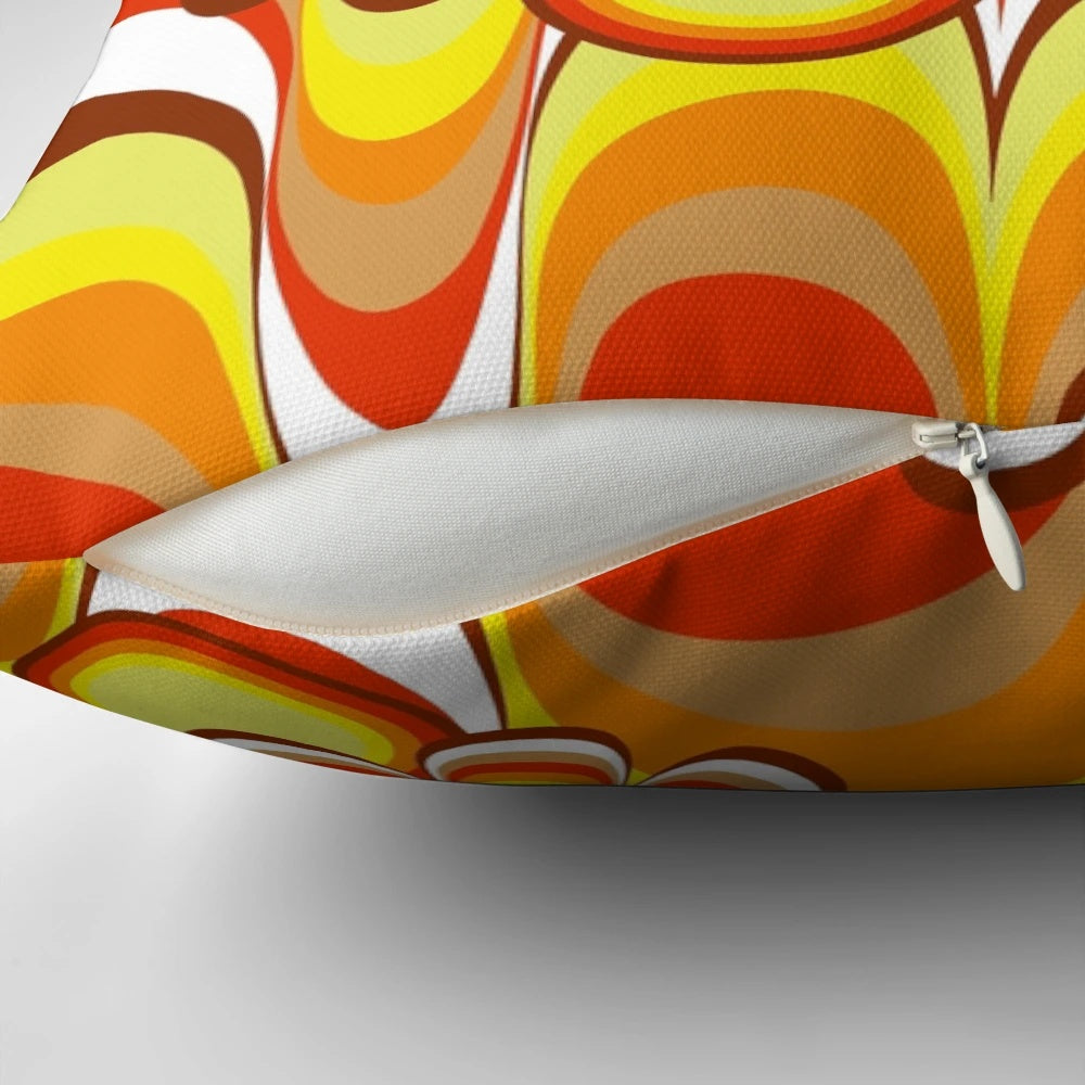 Vibrant psychedelic flower design pillow in a 1960s groovy style