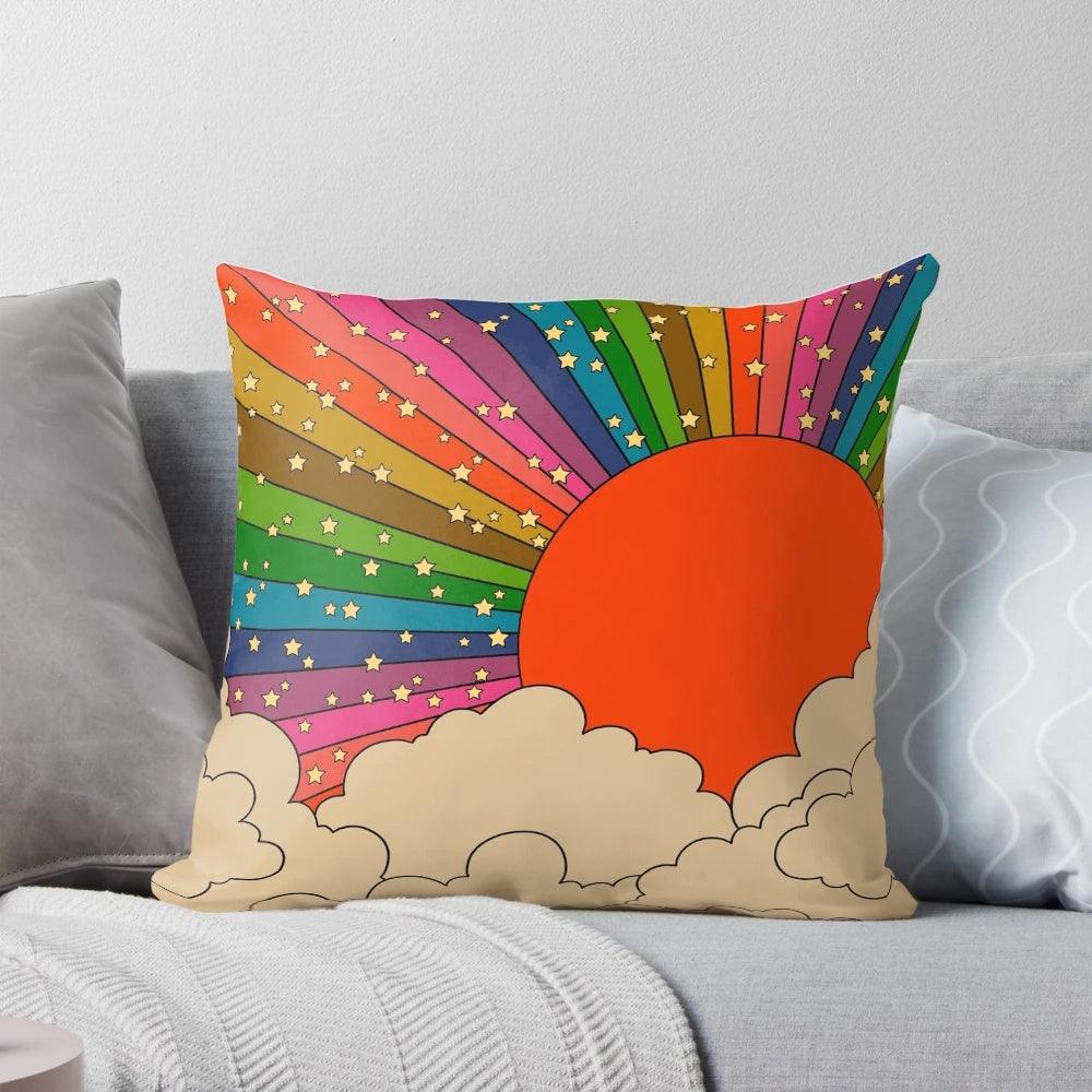 Vibrant 70s-inspired psychedelic rainbow sun pillow