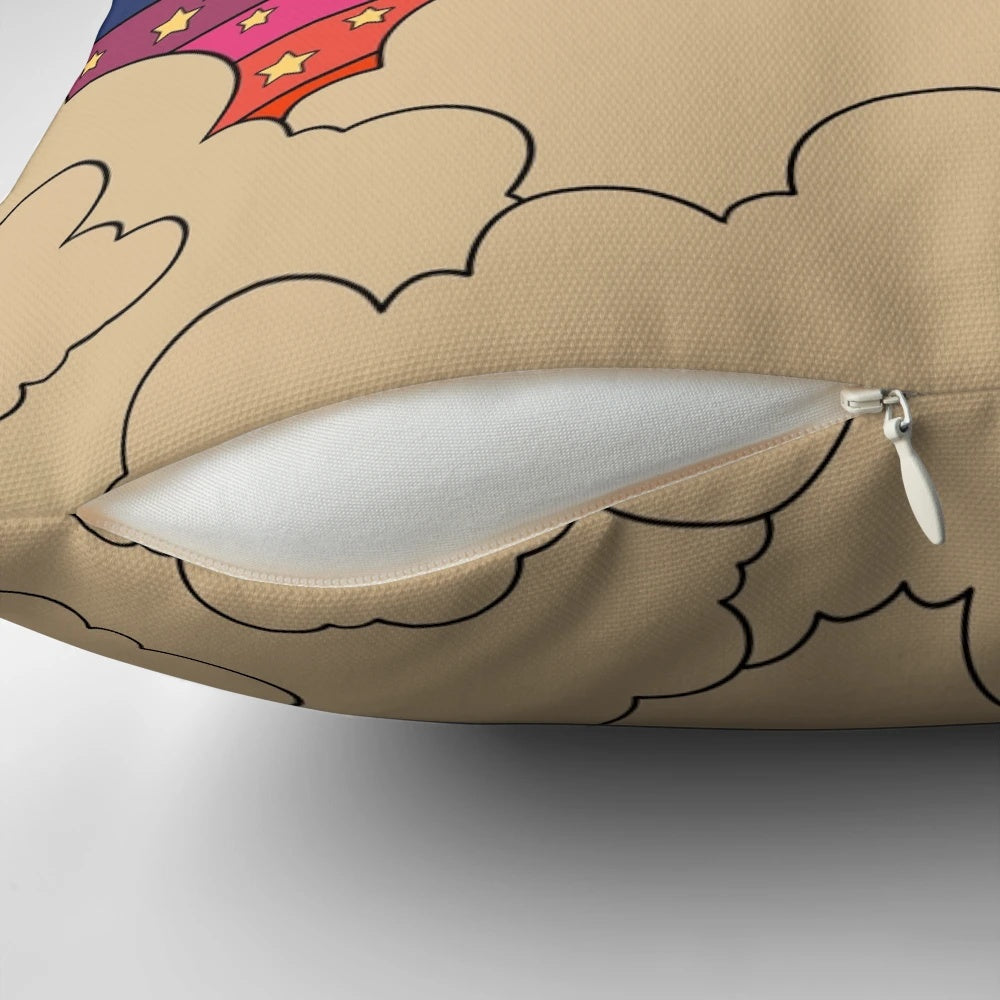 Vibrant 70s-inspired psychedelic rainbow sun pillow