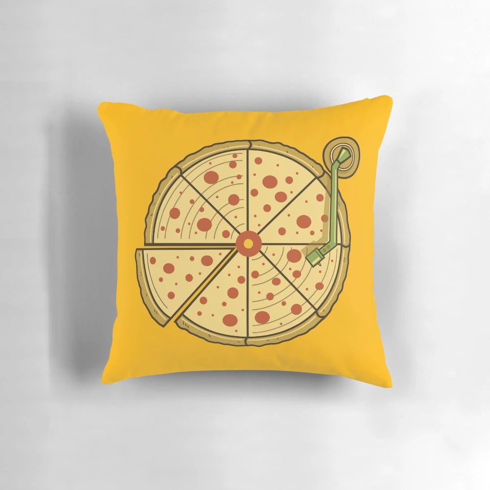 A stylish and eye-catching pizza-themed vinyl record pillow, perfect for music and food enthusiasts.