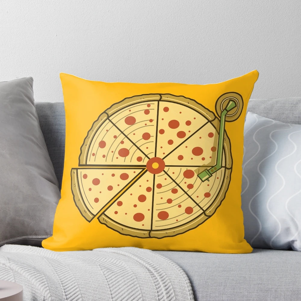 A stylish and eye-catching pizza-themed vinyl record pillow, perfect for music and food enthusiasts.