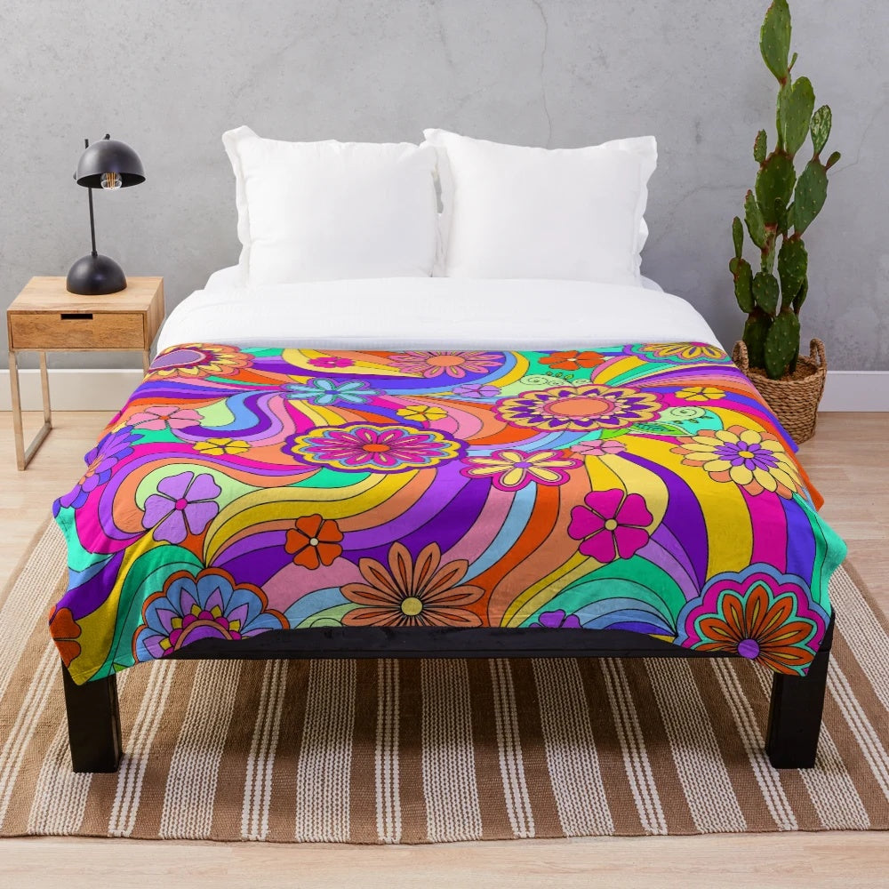 Colorful psychedelic floral plush blanket with groovy 70s style