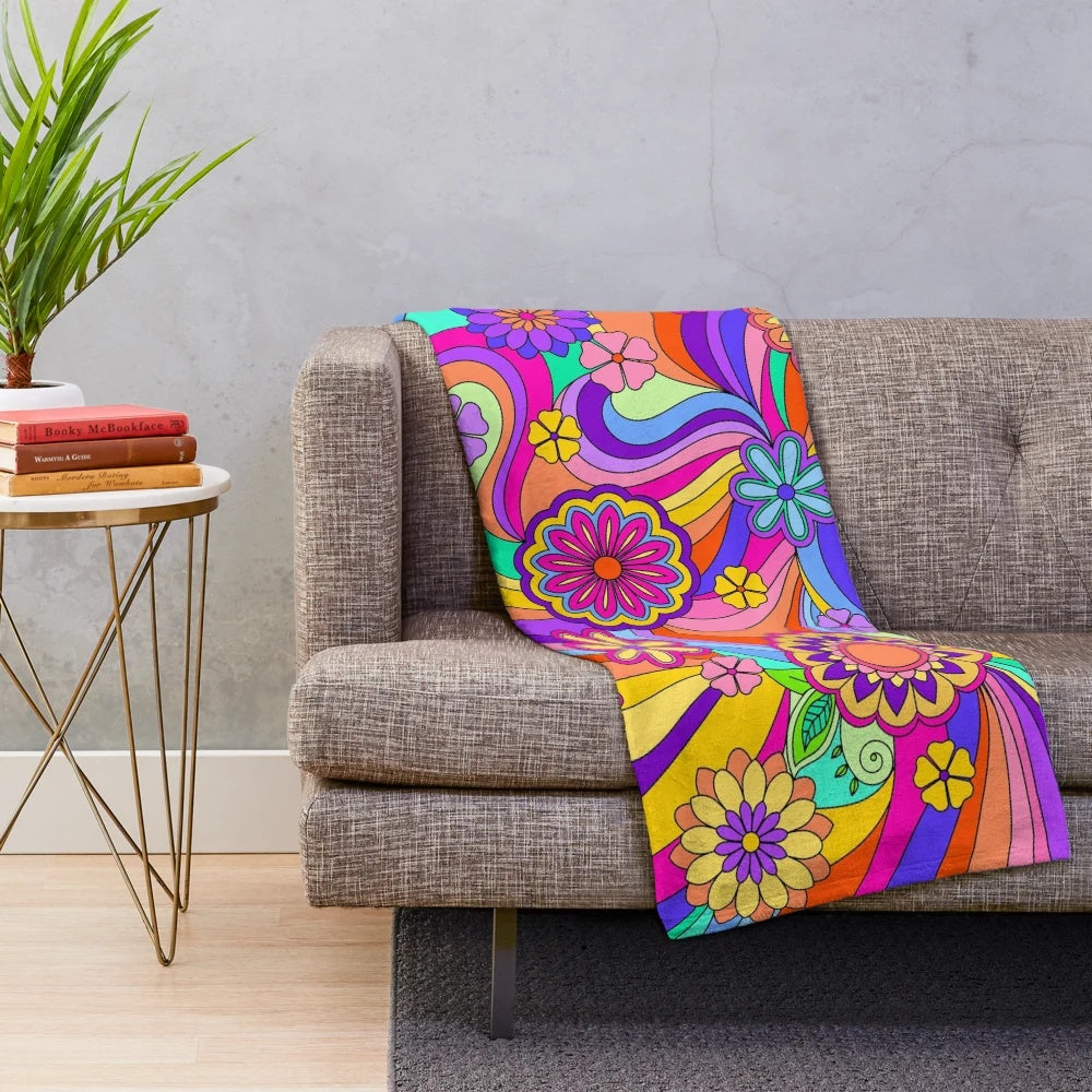 Colorful psychedelic floral plush blanket with groovy 70s style