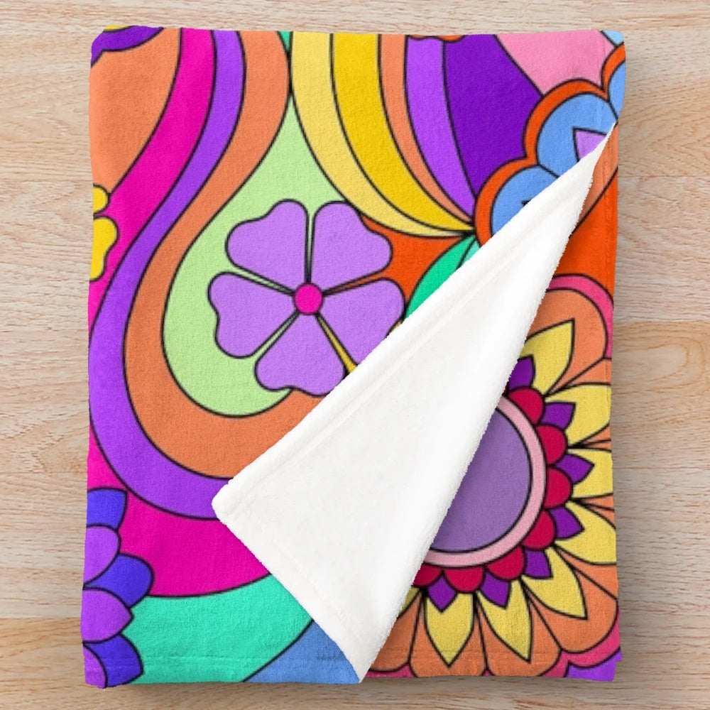 Colorful psychedelic floral plush blanket with groovy 70s style