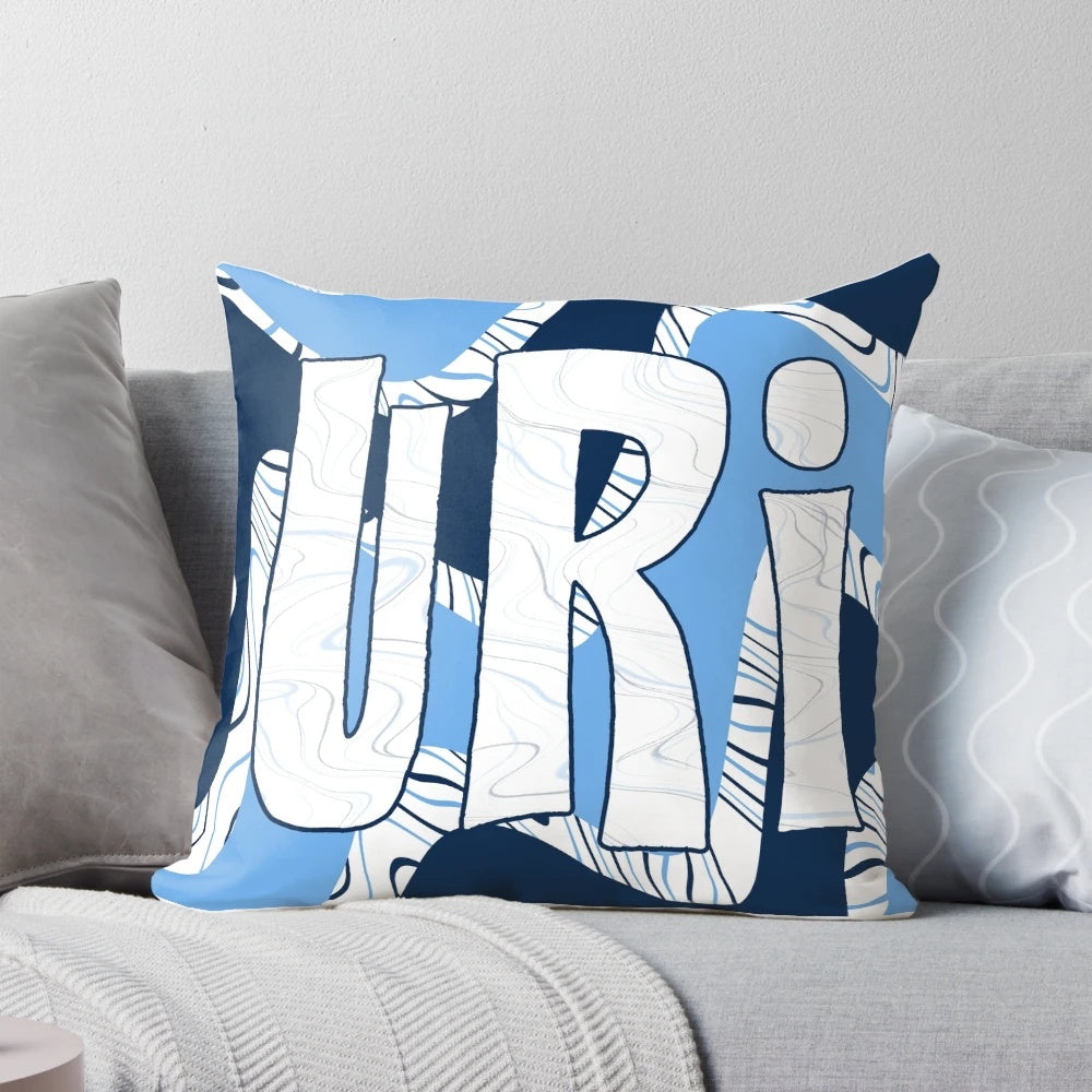 Vibrant blue and light blue wavy pattern pillow with 'University of Rhode Island' text