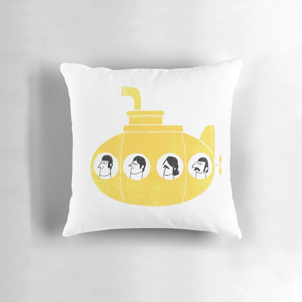 Vibrant yellow submarine pillow with psychedelic pop art design inspired by the iconic Beatles song.