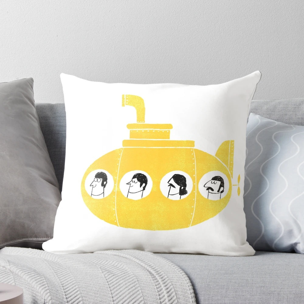 Vibrant yellow submarine pillow with psychedelic pop art design inspired by the iconic Beatles song.